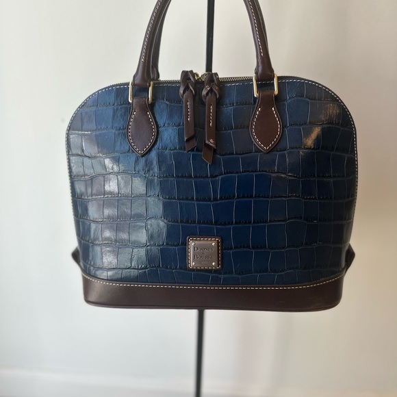 Dooney & Bourke Midnight Blue Croc “Zip-Zip”Embossed Satchel with Brown Trim - Picture 3 of 9
